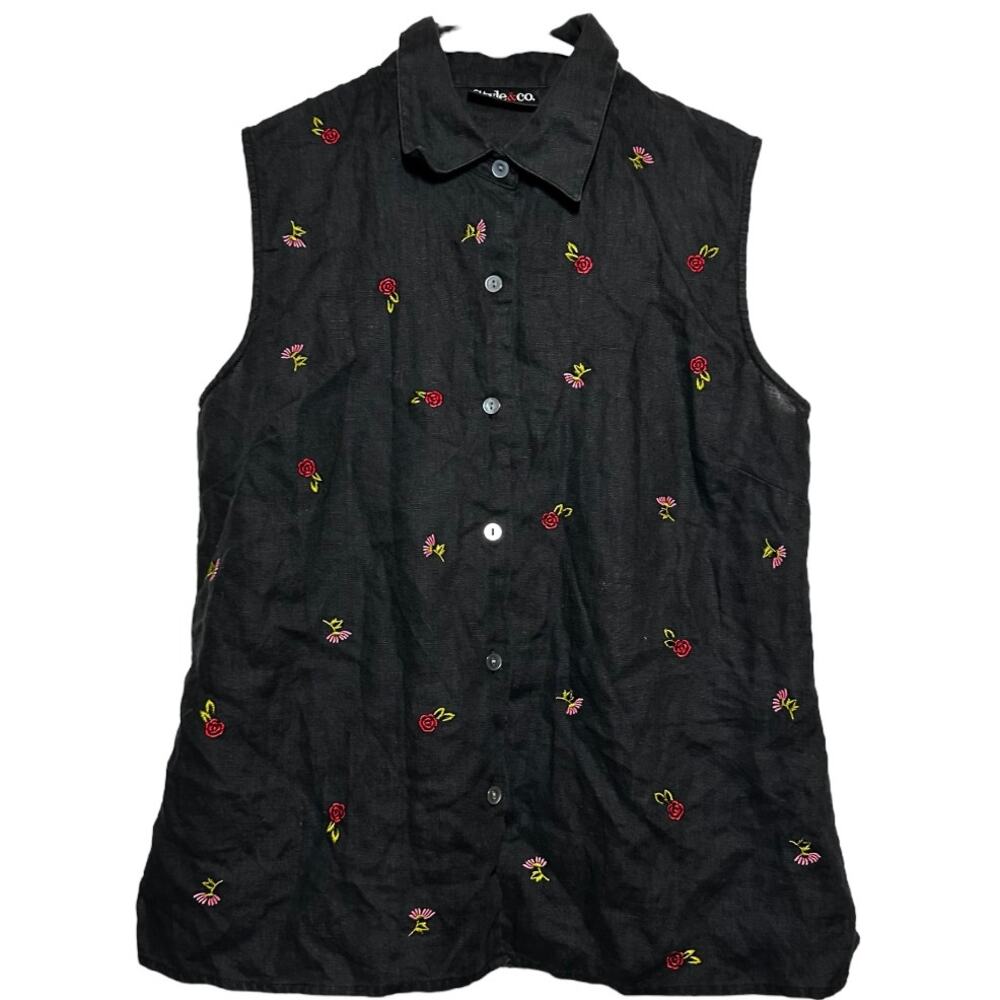 Style&co. Button Up Blouse 100% Linen Embroidered Floral Sleeveless Black 10